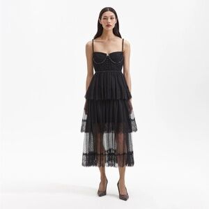 Self-Portrait Black Tiered Lace Midi Dress Size XS Like New